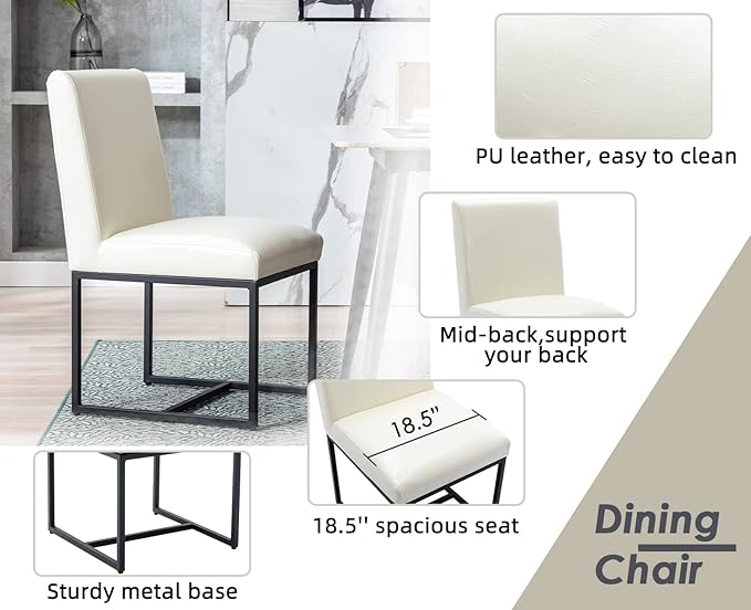 CIMOTA Cream Leather Dining Chairs Set of 4, Modern Dining Room Chairs Upholstered Armless Guest Side Chair with Black Base for Dining Room/Kitchen, Cream White 4PCS