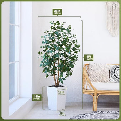 5ft Artificial Ficus Tree,Tall Faux Tree with Pebbles & Planter UV Resistant Potted Fake Plant with Silk Leaves & Real Wood Trunk,Indoor Outdoor Floor Plant for Home,Living Room,VN129