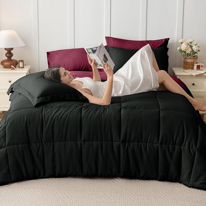 JOLLYVOGUE Full Comforter Set, Ultra-Soft Bed in a Bag Full Size 7 Pieces, Oeko-TEX Certified Bedding Set with Down Alternative Comforter, Sheets, Pillowcases & Shams, Burgundy & Black