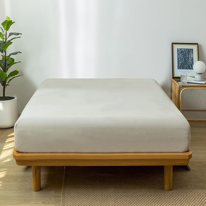MooMee Fitted Bottom Sheet Only 100% Washed Cotton Linen Like Textured Breathable Durable Soft Comfy Deep Pocket Fits Mattress up to 17" (Cream Grey, King) New