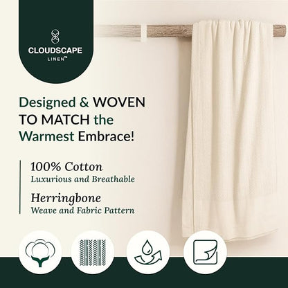 Cloud Scape Linen 100% Cotton Blanket King 92x108 Ivory - Cozy Herringbone Weave, Fits Up to Cal King Beds, Breathable Softness, All-Season Warmth, Heavy Layering Winter Blanket