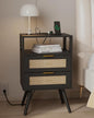 Rattan Nightstand with Charging Station,Farmhouse Bedside Table with 2 Storage Drawer and Open Wood Shelf, for Bedroom and Small Spaces,Night Stand with Solid Wood Legs (Black-Outlet)