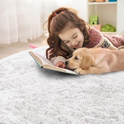 OLANLY White Round Rugs for Bedroom - Machine Washable, 5 ft Circle Area Rugs for Living Room, Soft and Fluffy Shaggy Carpet for Teen Girls and Boys, Nursery Rooms, Dorms, Home Decor Aesthetic