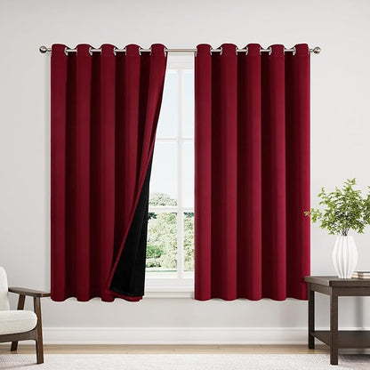 ChrisDowa 100% Blackout Curtains 63 inch Long for Bedroom with Black Liner, Extra Wide 2 Thick Layers Total Blackout Thermal Insulated Grommet Window Curtains 2 Panels Set (Burgundy, 60 x 63 Inch)