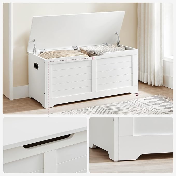 VASAGLE Storage Chest, Storage Bench with 2 Safety Hinges, Farmhouse Style, 15.7 x 39.4 x 18.1 Inches, for Entryway, Bedroom, Living Room, Cloud White ULSB061T10