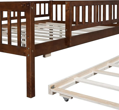 Bellemave Full Size Bed Frames with Rails for Kids, Full daybed Frame with Trundle for Boys/Girls/Adults，Walnut