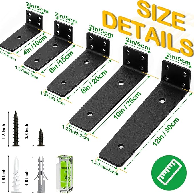 Floating Shelf Bracket 8 Inch of 4 Pack Heavy Duty Shelf Brackets Black Coated Metal L Bracket Wall Shelf Support DIY Brackets with 1/5 Inch Thick and 160 LBS Load Capacity
