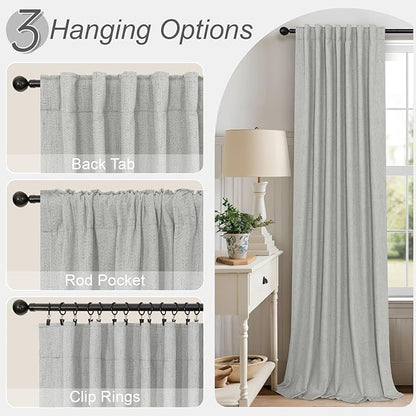 Gray Room Darkening Curtains 96 Inches Long for Living Room 2 Panels Faux Linen Back Tab Pleated Puddle Length Thermal Insulated Medium Gray Light Weight Blackout Curtains for Bedroom 8ft Light Grey