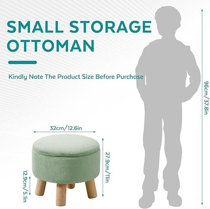 FIMIVIBI Small Foot Stool Ottoman with Storage, Soft Faux Fur Ottoman Foot Rest for Couch, Round Footstool with Storage, Small Ottomans and Footstools for Living Room and Entryway (Light Green)