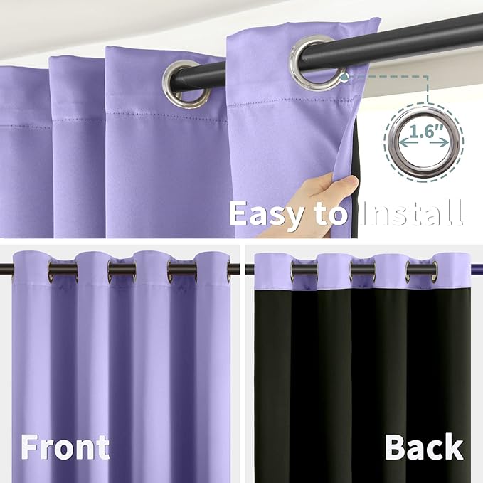 BGment Thermal Insulated 100% Blackout Curtains for Bedroom with Black Liner, Double Layer Full Room Darkening Noise Reducing Grommet Curtain (52 x 54 Inch, Lavender, 2 Panels)
