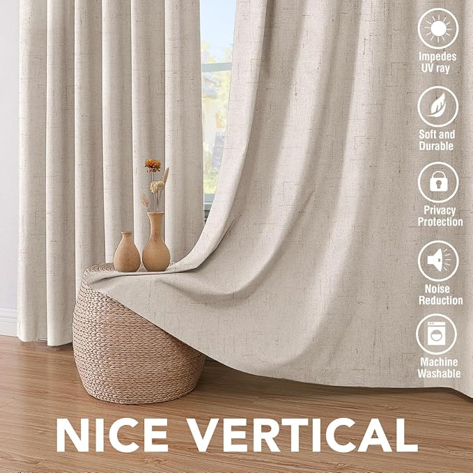 H.VERSAILTEX Linen Blackout Curtains 45 Inches Long 100% Blackout Thermal Insulated Textured Linen Look Curtain Draperies Anti-Rust Grommet, Energy Saving with White Liner, 2 Panels, Natural