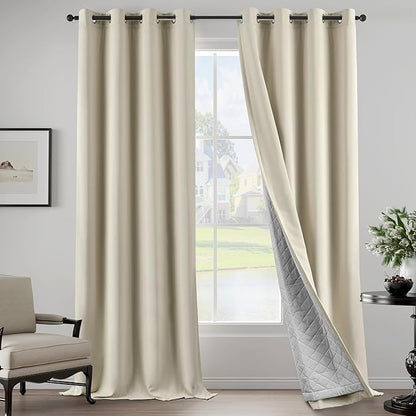 3-in-1 Blackout Curtains Soundproof Noise Reduction Curtains Beige Thermal Insulated Drapes for Winter Elegant Privacy Grommet Curtains for Living Room Bedroom (1 Panel, Beige, 50" x 108")