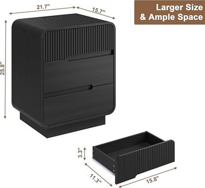 6 Drawer Dresser and 2 Nightstand Sets for Bedroom 3 Pcs Bedroom Set, Modern 47.2" Fluted Dresser with Invisible Handles Nightstand Charging Station, Bedroom Furniture Set for Living Room, Black
