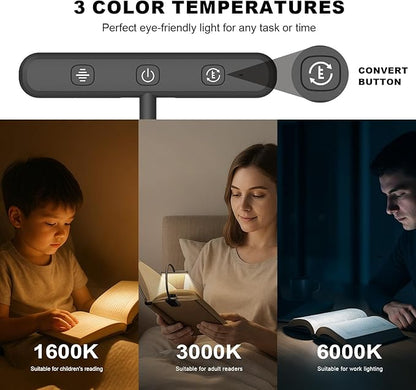 Rechargeable Book Lights for Reading at Night 25 LED - Eye Caring 15 Level Stepless Dimming, Extended 60Hrs Runtime, Lightweight Clip on Light, Gifts for Book Lovers, Black