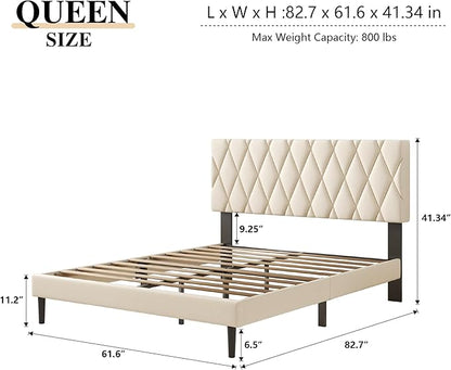 Queen Size Bed Frame with Diamond Tufted Headboard, Velvet Upholstered Platform Bed and Wooden Slat Support, Noise-Free, No Box Spring Needed, Easy Assembly, Beige