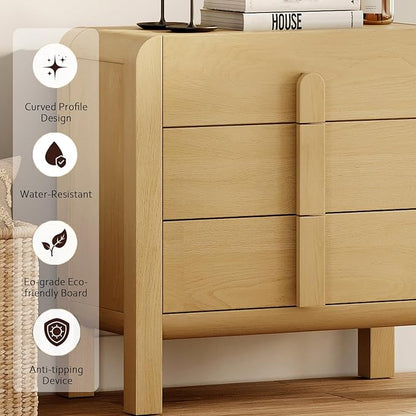 WAMPAT Modern 3-Drawer Nightstand Set of 2, 31.5" Tall Nightstand End Table w/Curved Profile Design,Wooden Bedroom Dresser with Large Chest of Drawers,Bed Side Table for Bedroom,Living Room, Oak