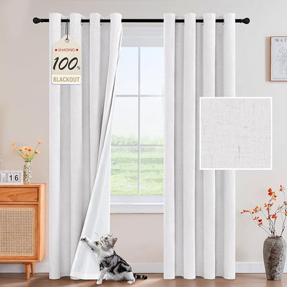 PrinceDeco Natural Linen Curtains 100% Blackout Curtains for Living Room 96 Inch Long,Heat & Light Blocking Curtains for Kids Bedroom Thermal Insulated Window Drapes 2 Panels Set - Heathered White