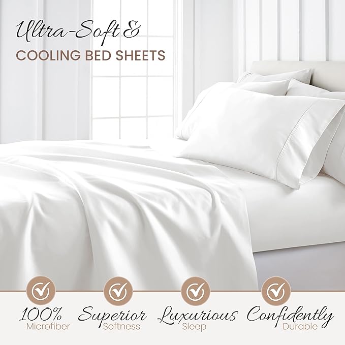 Linen Market Brushed Microfiber Queen Sheet Set 4 Piece – Oeko-TEX Certified Ultra Soft & Wrinkle-Free - 16" Deep Pocket Sheets - Easy Care Queen Size - White