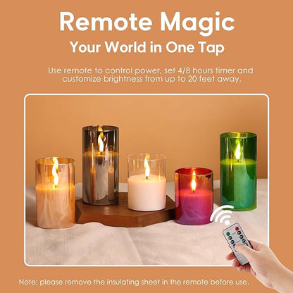 Eywamage Gold Glass Flameless Pillar Candles with Remote, Flickering Christmas LED Candles Battery Operated Set of 3