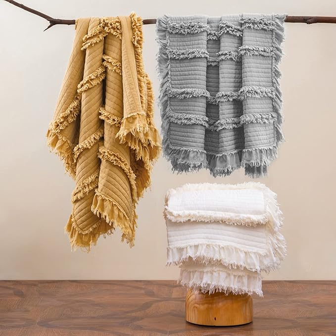 Ultra Soft Pre-Washed Quilted Boho Grey Twin Size Blankets for Bed, Ruffle Fringed Decorative Throw, Stone Washed Chic Rustic Blanket for Sofa Couch Bed, 60"*80"