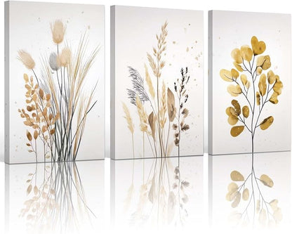 YCJKJDZ Beige Botanical Wrapped Canvas Wall Art Set of 3, Boho Watercolor Wildflower Pampas Grass Poster Neutral Leaf Art Fall Nature plant Prints for Living Room, Bedroom, Office, – 16x24 in