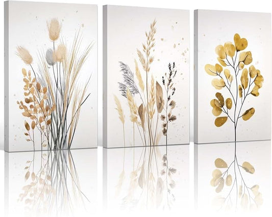 YCJKJDZ Beige Botanical Wrapped Canvas Wall Art Set of 3, Boho Watercolor Wildflower Pampas Grass Poster Neutral Leaf Art Fall Nature plant Prints for Living Room, Bedroom, Office, – 16x24 in