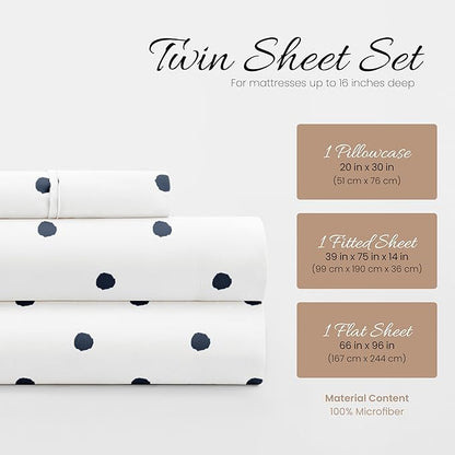 Linen Market Double-Brushed Patterned Microfiber Twin Sheet Set 3 Piece – Oeko-TEX Certified Ultra Soft & Wrinkle-Free - 16" Deep Pocket Sheets - Easy Care Twin Size - Dots Navy