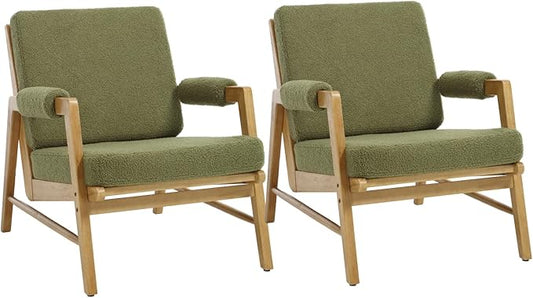 HEAH-YO Modern Accent Chair Set of 2, Upholstered Boucle Fabric Living Room Chair with Wooden Frame, Comfy Armchair with Thick Cushion for Bedroom Balcony, Green