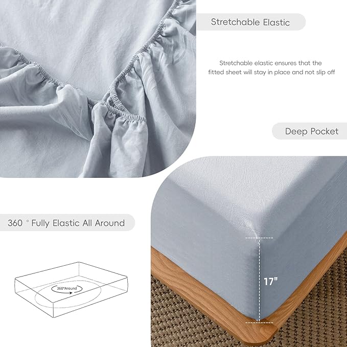 MooMee Fitted Bottom Sheet Only 100% Washed Cotton Linen Like Textured Breathable Durable Soft Comfy Deep Pocket Fits Mattress up to 17" (Cornflower Blue, California King)