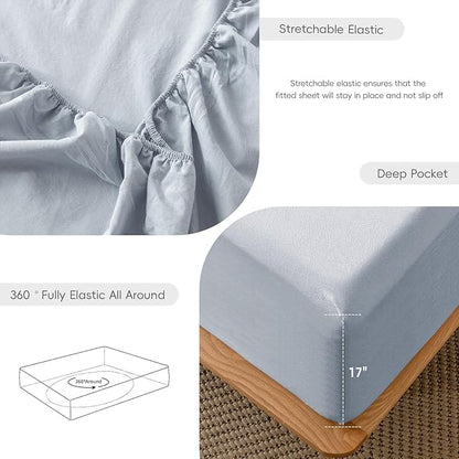 MooMee Fitted Bottom Sheet Only 100% Washed Cotton Linen Like Textured Breathable Durable Soft Comfy Deep Pocket Fits Mattress up to 17" (Cornflower Blue, King)