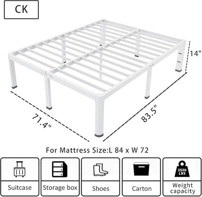 ROIL 14 Inch White California King Bed Frame with Rounded Corner and Headboard Hole Mattress Retainers, 3500LBS Heavy Duty Steel Slats No Box Spring Needed Platform Noise-Free Easy Assembly