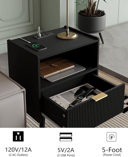 Nightstand,Modern Bedside Table with Storage Drawer and Open Wood Shelf, Accent Night Stand with Solid Wood Legs for Living Room, Bedroom and Small Spaces,Easy Assembly (Black-Outlet)