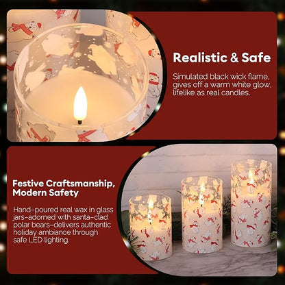 Eywamage Christmas Glass Flameless Pillar Candles with Remote, Flickering LED Battery Candles Bear Holiday Winter Table Decor Gift Set of 3
