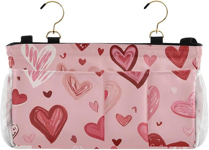 Bedside Caddy Hanging Bunk Bed Caddy Bed Organizer Hanging Pocket with 2 Hooks Bedside Storage Organizer Pocket Bag Holder Pink Cute Hearts
