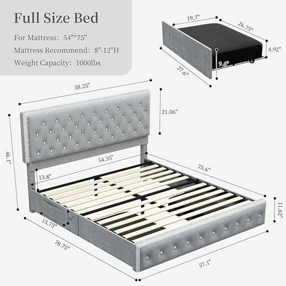 Full Led Bed Frame with 2 Drawers, Upholstered Platform Storage Bed Frames Full Size with Crystal Button Tufted Headboard Footboard, Solid Slats, Noise Free, No Box Spring Needed, Velvet Grey