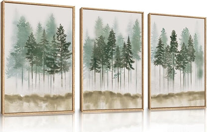LHIUEM Foggy Pine Tree Framed Canvas Wall Art,Abstract Green Forest Wall Decor,Watercolor Nature Misty Forest Art Print for Living Room, Bedroom,Dining Room, Office-16''x24''x3