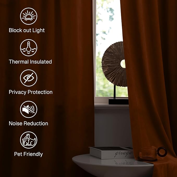 StangH Pumpkin Orange Curtains Velvet 96 inches for Living Room, Elegant Retro Home Decoration Thermal Insulated Light Blocking Sliding Door Curtains for Dining Room, W52 x L96, 2 Panels