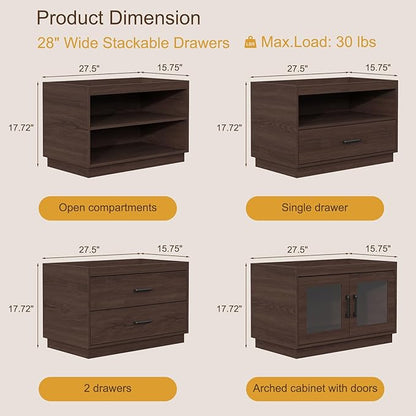 Stackable Storage 2-Shelf, 28" Wide Storage Bins with Open Compartment for Closet Organizers, Wood Stackable Closet Organizer Modern Large Stackable Storage Units for Living Room Hallway, Brown