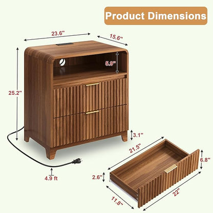 3 Pcs Bedroom Furniture Set, 9 Drawer Fluted Dresser and Nightstand Set of 2 with Charging Station, Modern Bed Side Table Chest of Drawers Storage Cabinet Set for Bedroom, Living Room, Walnut