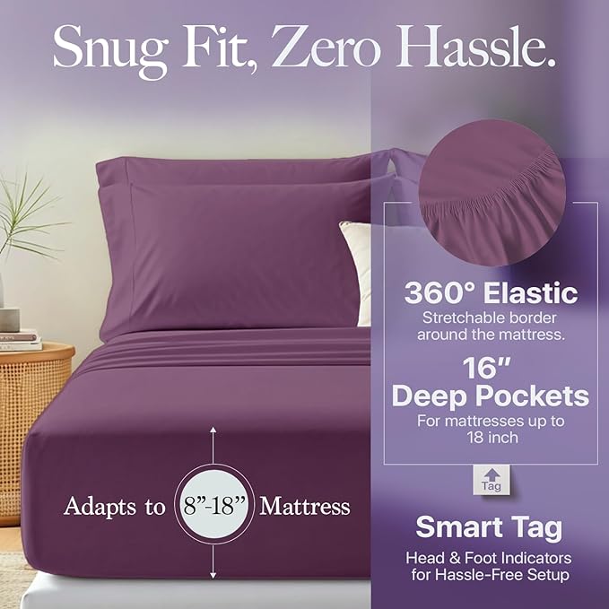 Carressa Linen 100% Egyptian Cotton Full Size Sheets - 600 Thread Count Full Size Egyptian Cotton Sheets (4 PC, Plum Purple), Soft, Cooling, 16" Deep Pocket Sateen Weave Luxury Hotel Bed Sheet Set