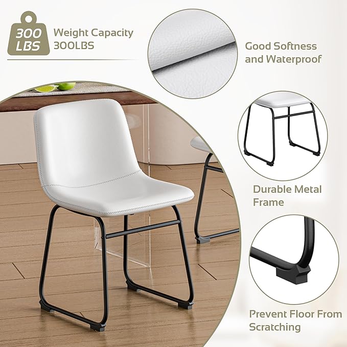 Dining Chairs Set of 2, 18 Inch Kitchen Chairs with Back, Faux Leather Armless Dining Room Chairs with Metal Legs for Home, Bistro Coffee Shops (White)