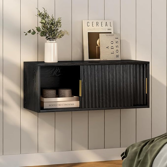 Floating Nightstand with Sliding Doors, Modern Large Night Stand Storage Shelf Wall Mounted Bedside Tables for Bedroom, Study Room Black