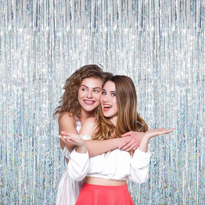 GOER 3.2 ft x 8.2 ft Metallic Tinsel Foil Fringe Curtains Party Photo Backdrop Party Streamers for Birthday,Graduation,New Year Eve Decorations Wedding Decor (4 Packs,Shiny Silver)
