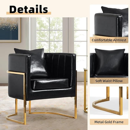Modern Leather Accent Chairs Set of 2, Mid Century Upholstered Barrel Armchair with Pillow for Living Room, Comfy Single Vanity Chair with Metal Gold Legs for Bedroom, Black