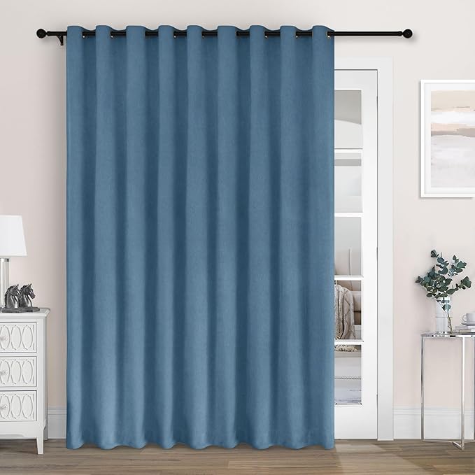 Macochico 120"Wx84"L 100% Blackout Chenille Curtains for Sliding Door Living Room Bedroom, Luxury Drapery for Hotel Home Theater, Ashtray Blue Thermal Window Treatments with Tieback, Grommet, 1 Panel