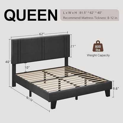 Upholstered Queen Size Bed Frame with Linen Fabric Headboard, Strong Wooden Slats Support, Noise Free, No Box Spring Needed, Dark Grey