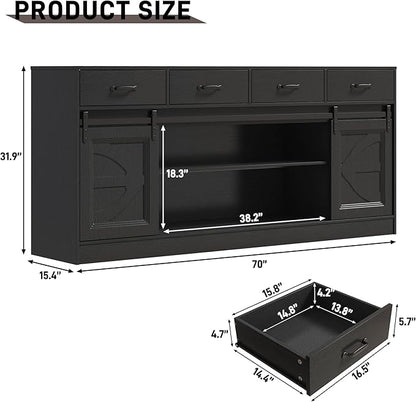 70” Large Long Buffet Sideboard Cabinet w/4 Drawer,Farmhouse Buffet Storage Cabinet,Sliding Door,Buffet Coffee Bar Cabinet, Credenza for Living Room,Black