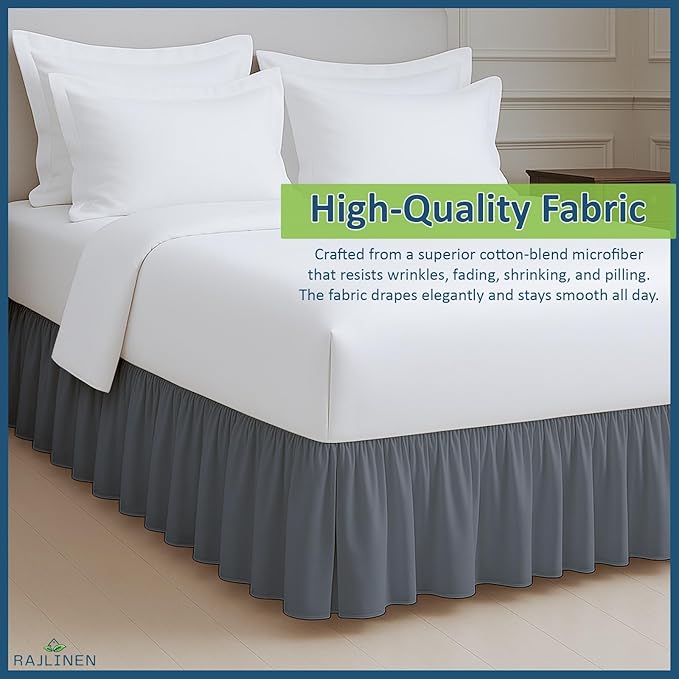 Rajlinen Ruffled Bed Skirt Twin, 10 Inch Drop Dust Ruffle with Split Corners, 100% Microfiber Bedskirt with Platform, Three-Sided Coverage Ruffled Gathering Design, Dark Grey