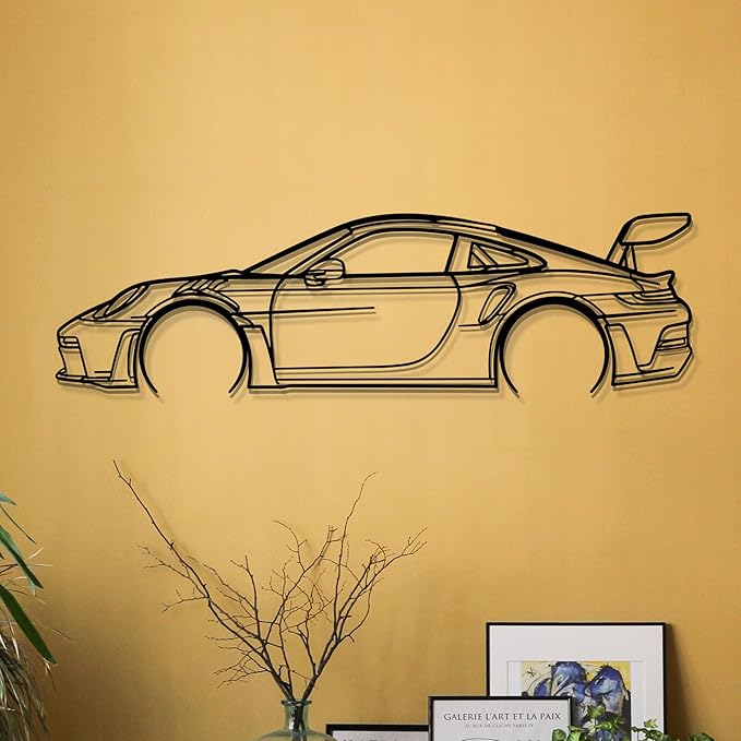 Dekory Car Wall Art – 911 GT3 RS (992) Black Metal Sports Car Silhouette, Modern Industrial Automotive Wall Decor for Garage, Living Room or Bedroom – 48 Inch (XL)