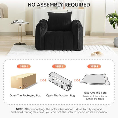 Oversized Boneless Accent Chair, Comfy Deep Seat Armchair for Bedroom, Modern Upholstered Living Room Sofa Chair with Pillow, No Assembly, Corduroy Black